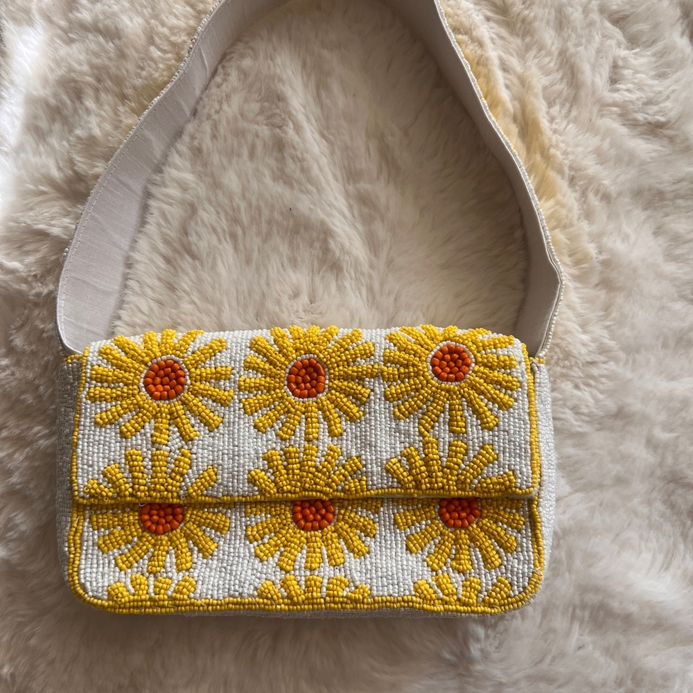 Beaded White Shoulder Bag with Yellow Sunflower Accents